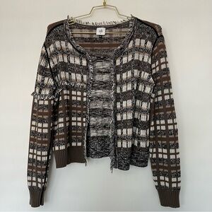 Cabi Classic Fringe 100% Cotton Open Cardigan Sweater Brown Plaid